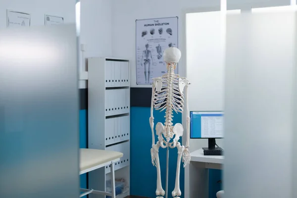 Vista posteriore dello scheletro del corpo umano in piedi in un ufficio vuoto dell'ospedale — Foto Stock