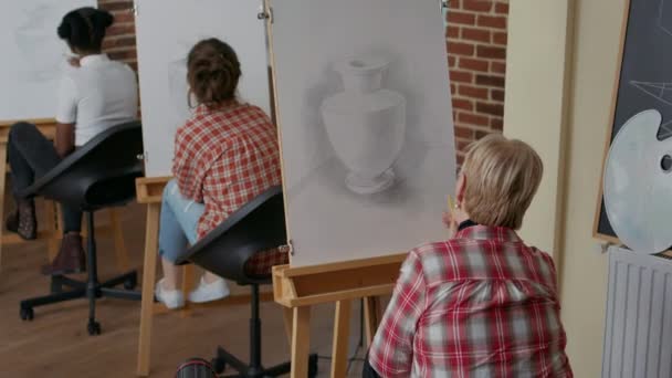 큰 학생 이 미술 시간에 연필을 사용하여 캔버스에 그림을 그리는 모습 — 비디오