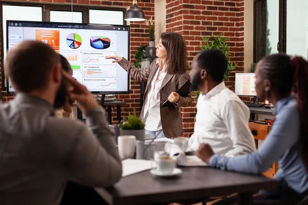 Entreprenör kvinna står framför på skärmen förklara marknadsföringsstrategi — Stockfoto