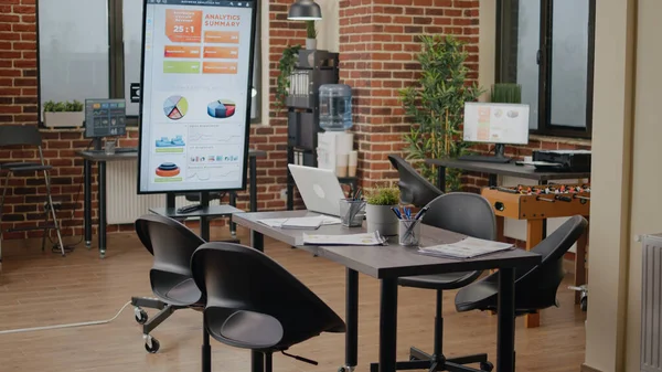 Empty brick wall office with no people at meeting table — Stock Photo, Image