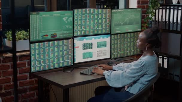 Kierownik sprzedaży patrząc na wiele monitorów z wymiany forex — Wideo stockowe