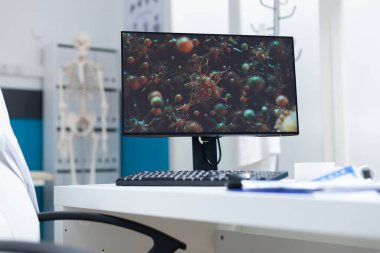 İçinde koronavirüs hücre çizimi olmayan boş, parlak bir tıp bürosu.