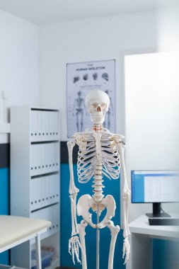 Boş tıbbi ofis anatomik insan iskeleti ile donatılmış.