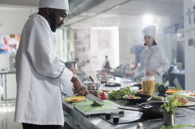 Yemek endüstrisi çalışanı profesyonel mutfakta yemek servisi için gurme pişirirken taze yeşillikleri doğruyor.