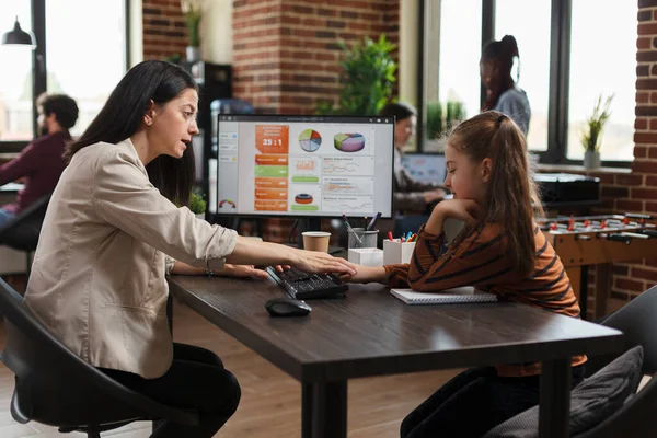 Financial company businesswoman bothered by annoying little girl pressing keyboard keys.