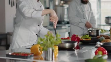 Gurme şef kızartma tavasında gastronomik yemek pişiriyor.