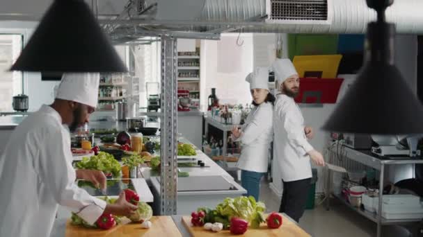 Homme et femme cuisine agissant drôle avec des couteaux dans la cuisine — Video