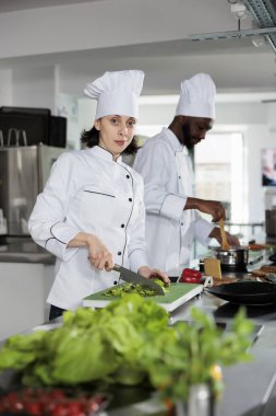 Çok ırklı gıda endüstrisi çalışanları restoranın mutfağında lezzetli yemekler pişirirken profesyonel mutfakta duruyorlar..