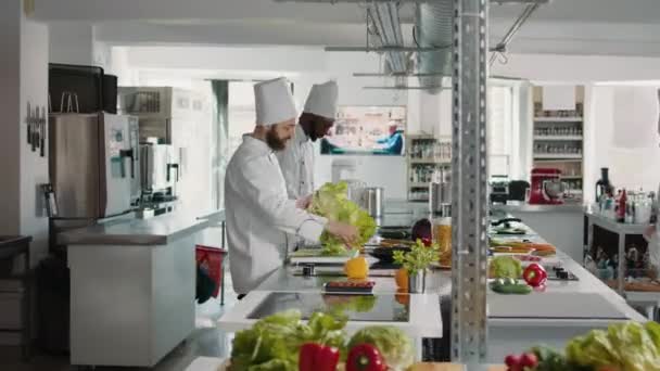 Αυθεντικό μάγειρα κοπή σαλάτα λαχανοσαλάτα για να κάνει συνταγή τροφίμων — Αρχείο Βίντεο