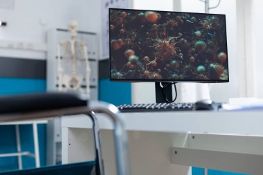 Virüs hücresi görüntüsü olmayan boş modern tıp bürosu.