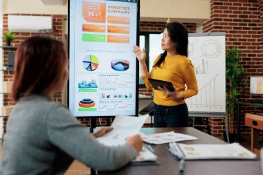 Yönetim grafiklerini gösteren iş kadını