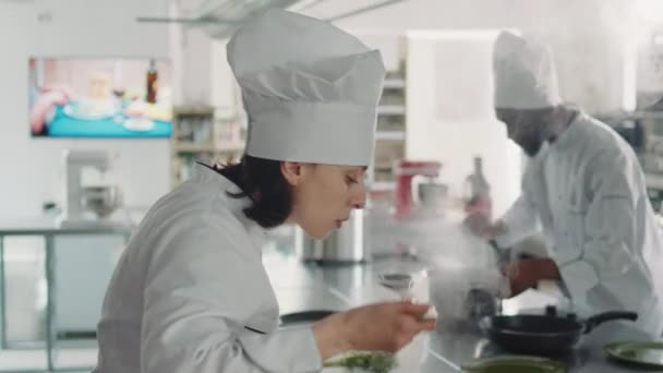 Kuchařka ochutnávka tekuté omáčky na sporáku, aby kuchyně pokrm — Stock video