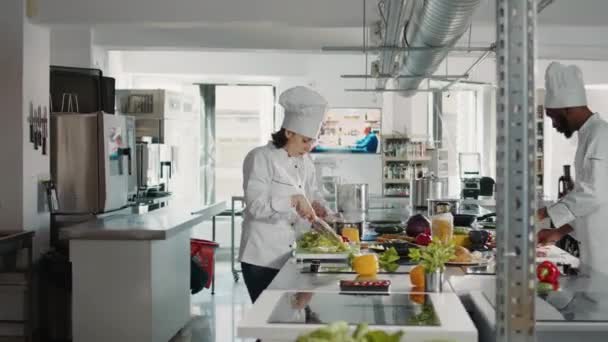 Kadın aşçı profesyonel mutfakta restoran menüsü yapıyor. — Stok video