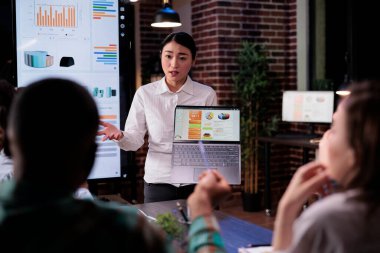 Gece geç saatlerde iş analizleriyle bilgisayarını tutan Asyalı kadın iş arkadaşlarıyla tartışıyor.