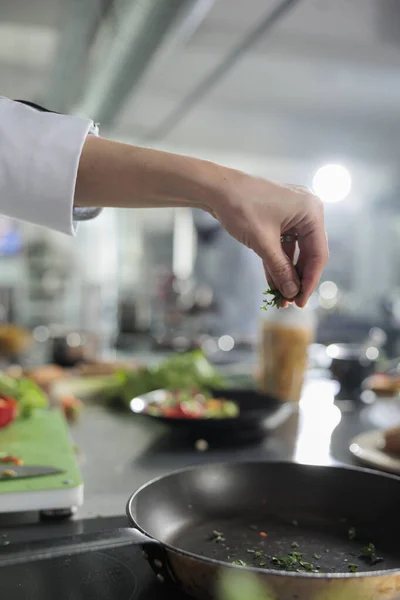 Primer plano de la gastronomía manos expertas adornando plato gourmet con hierbas frescas picadas en la cocina del restaurante. — Foto de Stock