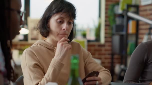 Portrait of positive woman having fun with board games — Stock Video