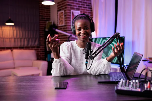 Pov Female Presenter Greeting People Channel Podcast Using Camera Recording — Fotografia de Stock
