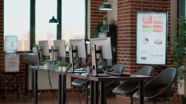 Estación de trabajo vacía con tecnología de servicio al cliente en el escritorio — Vídeos de Stock