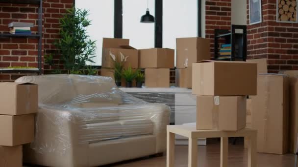 No people in living room interior to move in with carton boxes — Stock Video