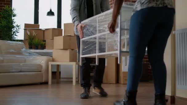 Casal de proprietários de decoração apartamento apartamento com móveis depois de se mudar para dentro — Vídeo de Stock