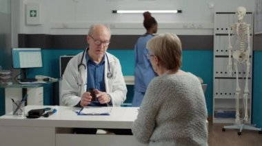 Medical specialist giving disease treatment on health care prescription