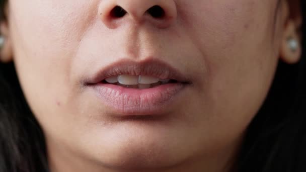 Macro shot of positive indian person smiling in front of camera — Αρχείο Βίντεο