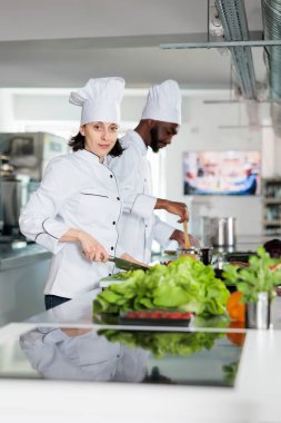Caucasian woman chef cutting fresh herbs and preparing ingredients for delicious dish while looking at camera.