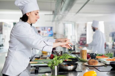 Gurme lezzetini geliştirmek için doğranmış yeşil ve taze otlar kullanan gastronomi uzmanı..