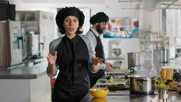 POV of female chef teaching gastronomy on cooking show —  Fotos de Stock