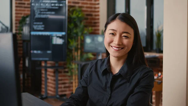 Smiling Software Developer Typing Machine Learning App Code Computer Keyboard — Stock fotografie