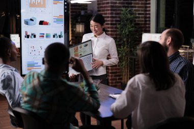 Gülümseyen Asyalı girişimci gece geç saatlerde iş ofisinde dizüstü bilgisayar ekranında ciro grafiklerini sunuyor. Başlangıç çalışanı fazla mesai yapan ekiple pazarlama stratejisini tartışıyor.