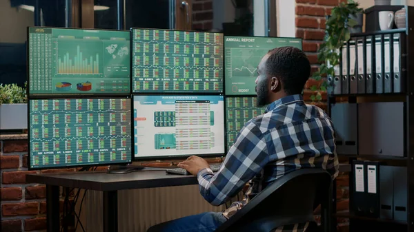 African american broker using trade market charts and graphs on multiple monitors, working with forex exchange real time statistics. Financial investment profit share for business growth.