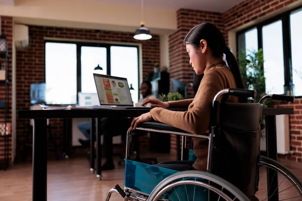 Female Worker Wheelchair User Living Chronic Disability Working Email Presentation — Stock Photo, Image