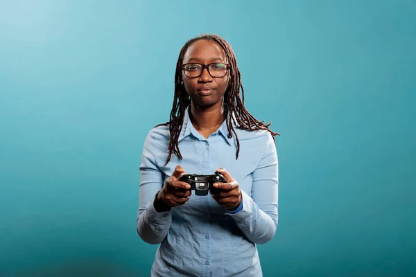 African American Woman Modern Console Controller Playing Videogames Blue Background — Stock Photo, Image