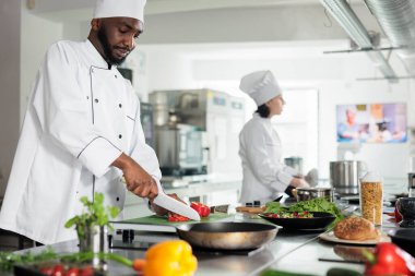 Akşam yemeği servisinde servis edilen profesyonel yemek pişirme gurmelerinde aşçılık uzmanı. Baş aşçı lezzetli yemekleri süslerken kırmızı biber kesiyor..