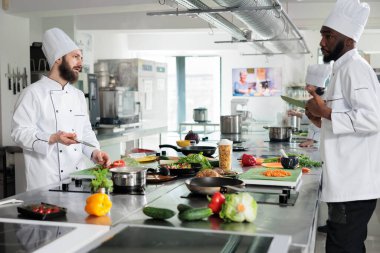 Şefler güzel bir restoranda akşam yemeği için hangi yemeği hazırlayacaklarını konuşuyorlar. Mutfakta yemek pişirirken gurme yemek tarifini tartışan çeşitli gıda endüstrisi çalışanları..