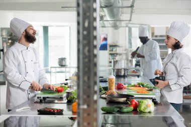 Mutfakta yemek pişirirken gurme yemek tarifini tartışan çeşitli gıda endüstrisi çalışanları. Şefler güzel bir restoranda akşam yemeği için ne hazırlayacaklarını konuşuyorlar..