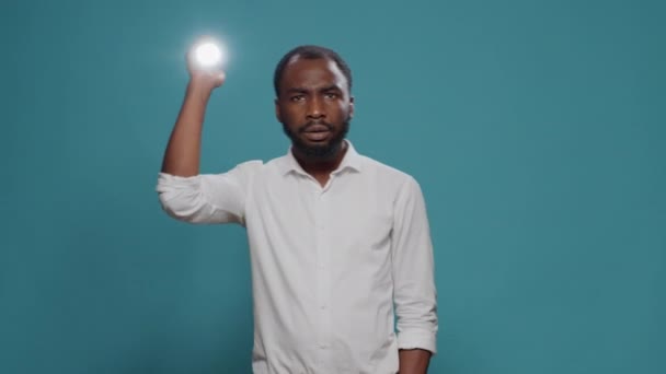 Young Man Sitting Dark Holding Flashlight See Using Lantern Search — Stock Video