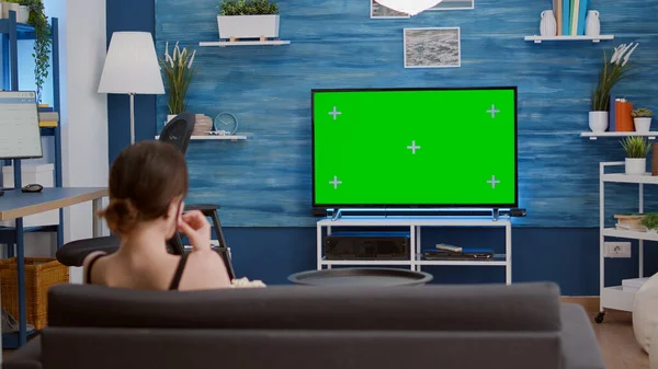 Young Woman Eating Popcorn While Relaxing Watching Movie Green Screen — Fotografia de Stock