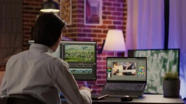 Ses ve görsel efektlerle video montajı yapan multimedya sanatçısı, film üretimi için renk ile yaratıcı not verme. Görüntü içeriği için video düzenleyici yazılımında görüntü kullanılıyor.