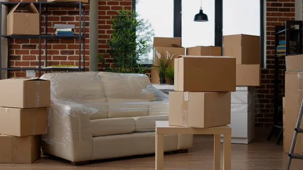 People Living Room Interior Move Carton Boxes Empty Real Estate — стоковое фото