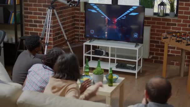 Young People Playing Video Games Together Losing Living Room Having — Stock Video