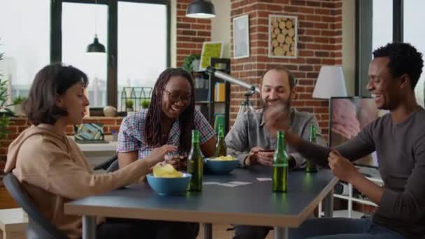 Happy Group People Enjoying Board Strategy Cards Dice Having Fun — Vídeos de Stock