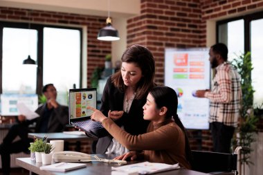 Engelli ofisindeki dizüstü bilgisayarlarda rapor inceleyen çeşitli kadınlar tekerlekli sandalyedeki felçli kişilerle çalışıyorlar. Fiziksel engelli Asyalı kadın iş planlama stratejisi.