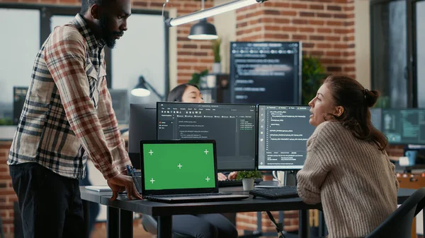 Programer Working Desk Multiple Computer Screens Laptop Green Screen Chroma — Photo
