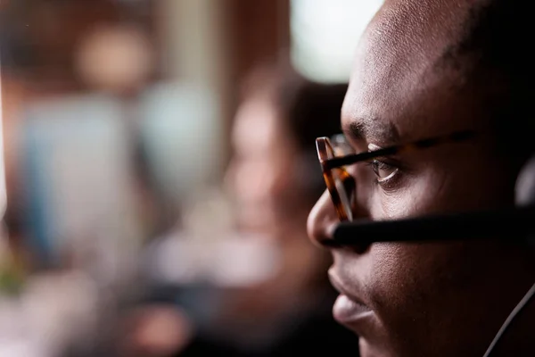 African American Operator Listening Client Helpline Call Using Customer Service — Stock Photo, Image