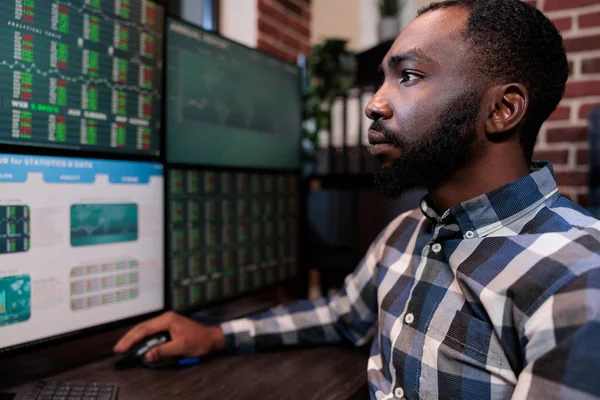 Day trading company professional broker at desk with multi monitor workstation predicting next market crash. Sales consultant analyzing real time exchange index data in order to take risk free profits