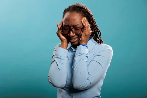 Unwell Ill Woman Suffering Painful Head Migraine Putting Pression Temples — Stock Photo, Image