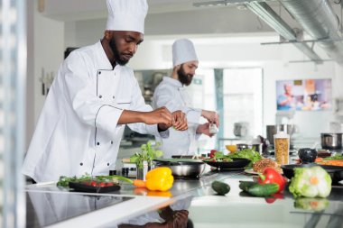 Yemek pişirme üniforması giyen gastronomi uzmanı restoranda akşam yemeği için lezzetli bir gurme yemeği hazırlıyor. Baş aşçı mutfakta lezzetli yemekler pişirirken ocakta tava yiyor..