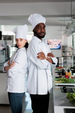 Gastronomi uzmanlarının portresi restoranın içinde arka arkaya duruyor profesyonel mutfakta kameraya güvenle gülümserken. Kameraya poz veren çeşitli gıda endüstrisi çalışanları.